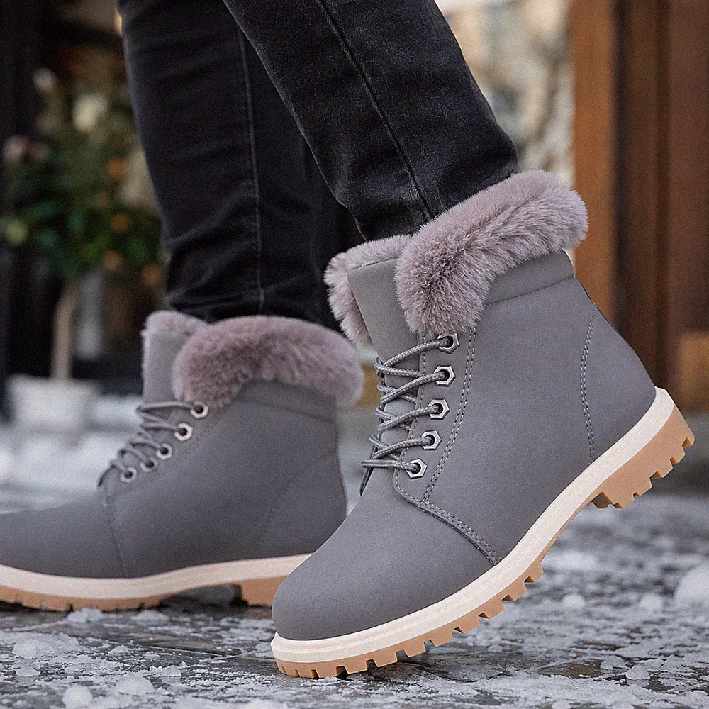 Flache Damen-Stiefeletten mit Fellfutter Combat Walking warme Winterschuhe Größe