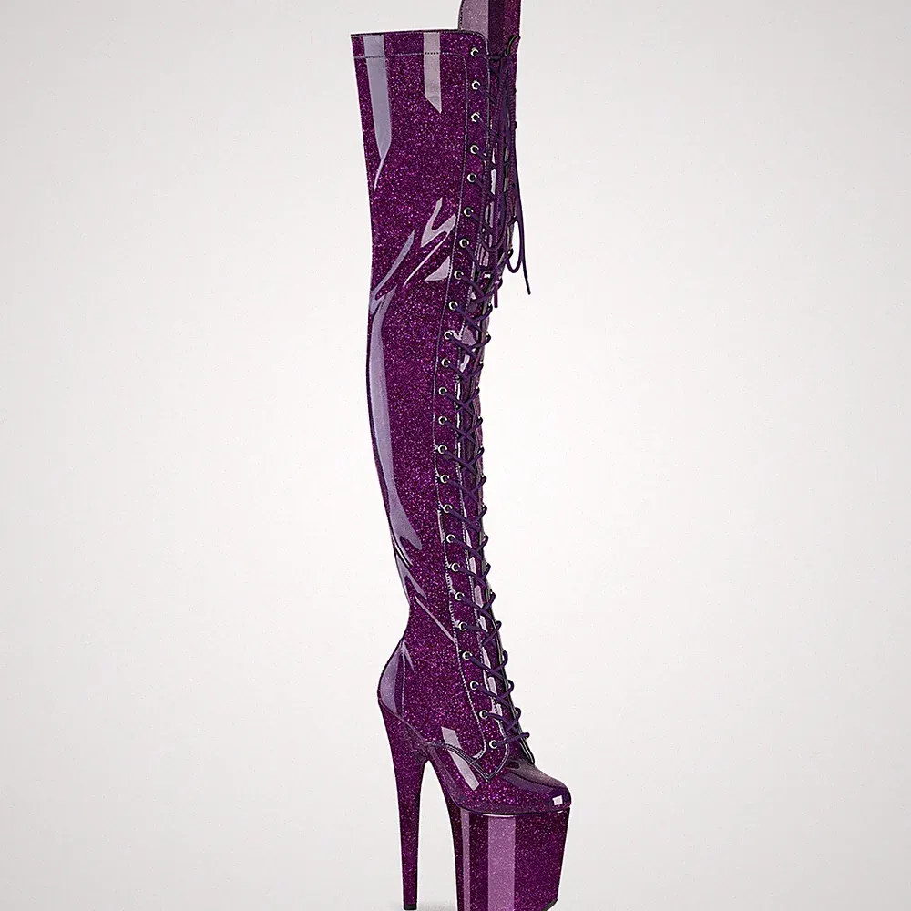 FLAMINGO-3020GP Pleaser Damen High Heel Plateauoverkneestiefel lila Glitter Lack