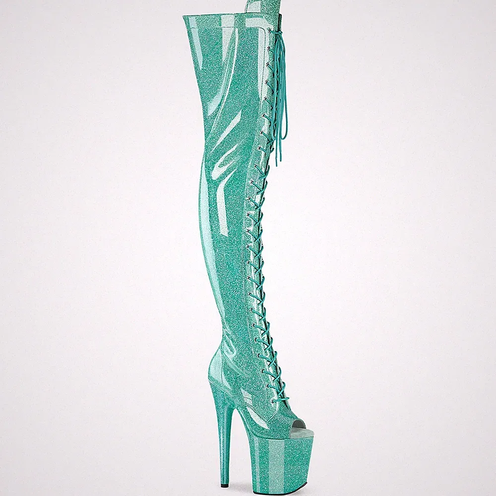 FLAMINGO-3021GP Pleaser Damen Peep Toe Plateauoverkneestiefel aqua Glitter Lack