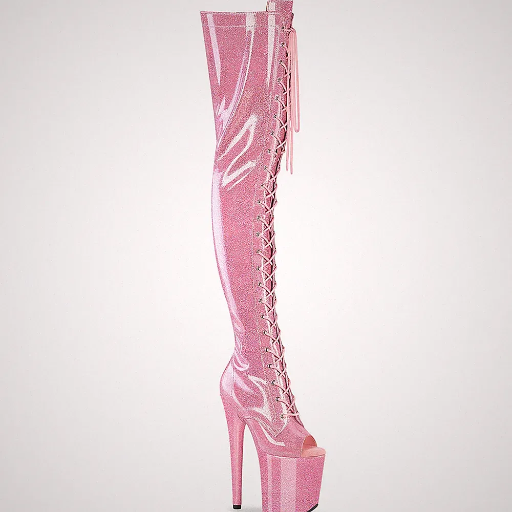 FLAMINGO-3021GP Pleaser Damen Peep Toe Plateauoverkneestiefel babypink Glitter
