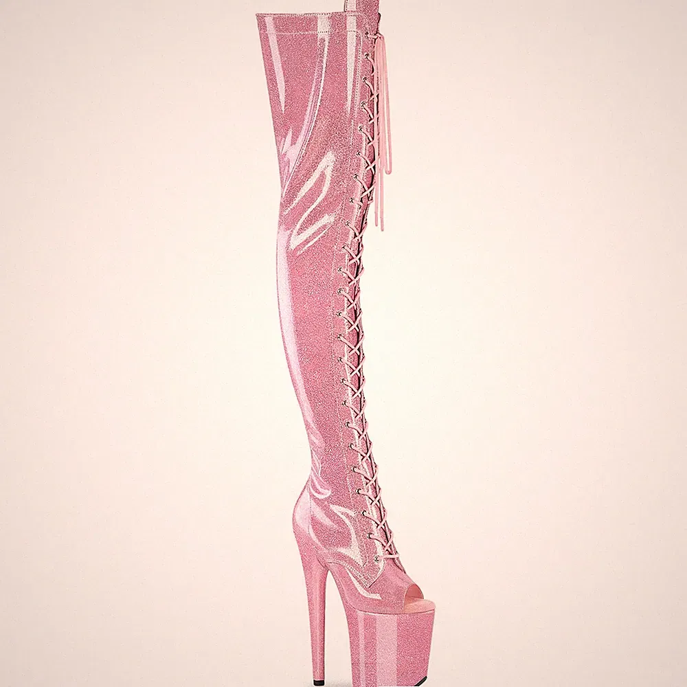FLAMINGO-3021GP Pleaser Damen Peep Toe Plateauoverkneestiefel babypink Glitter
