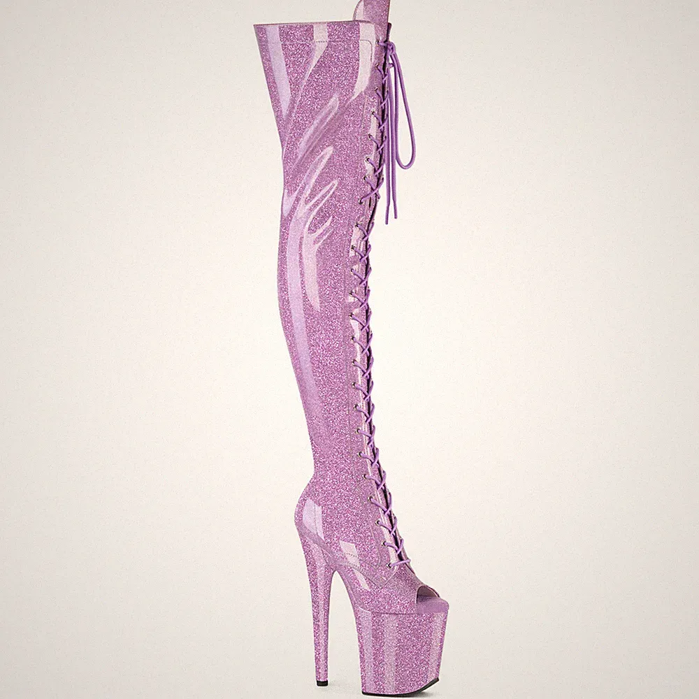 FLAMINGO-3021GP Pleaser Damen Peep Toe Plateauoverkneestiefel flieder Glitter