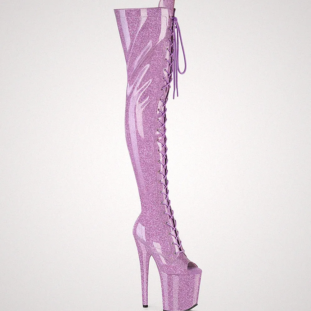 FLAMINGO-3021GP Pleaser Damen Peep Toe Plateauoverkneestiefel flieder Glitter