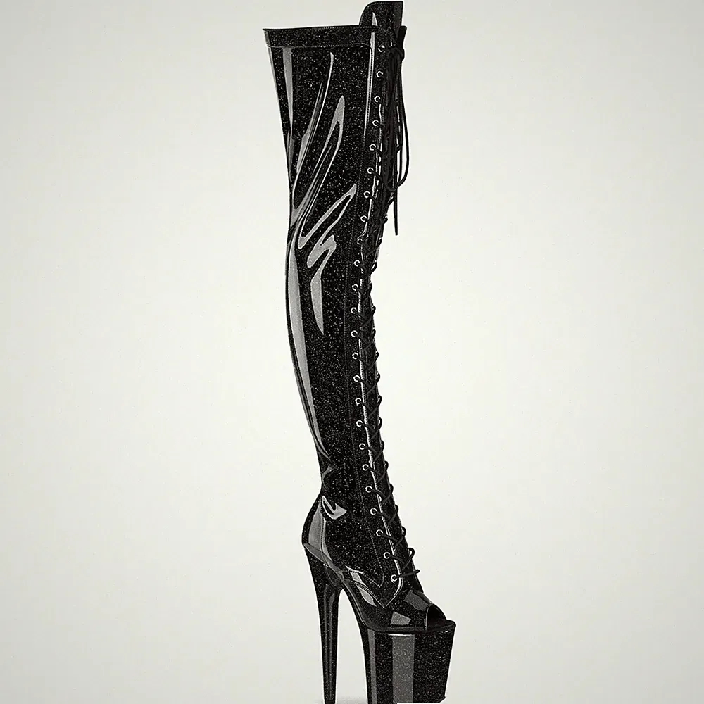 FLAMINGO-3021GP Pleaser Peep Toe Plateauoverkneestiefel schwarz Glitter Lack