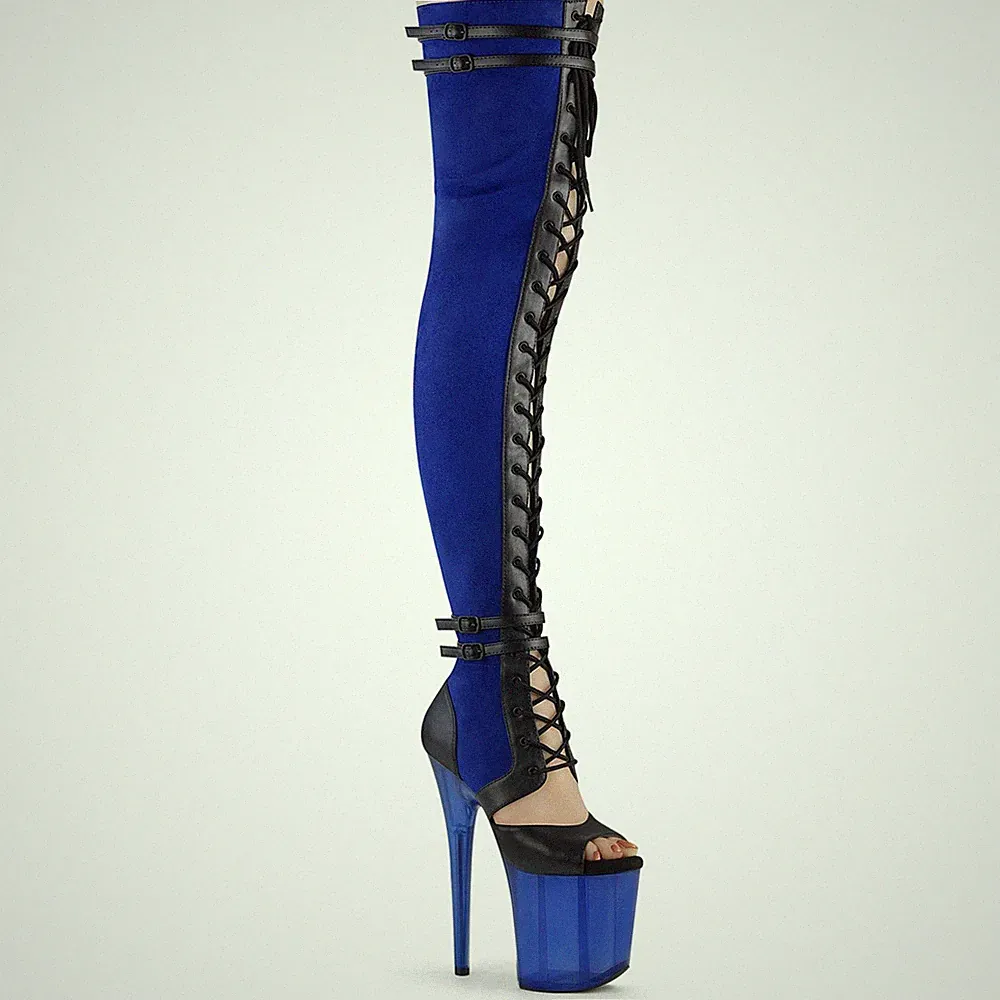 FLAMINGO-3027 Pleaser Damen High Heels Plateauoverkneestiefel blau Samt Matt