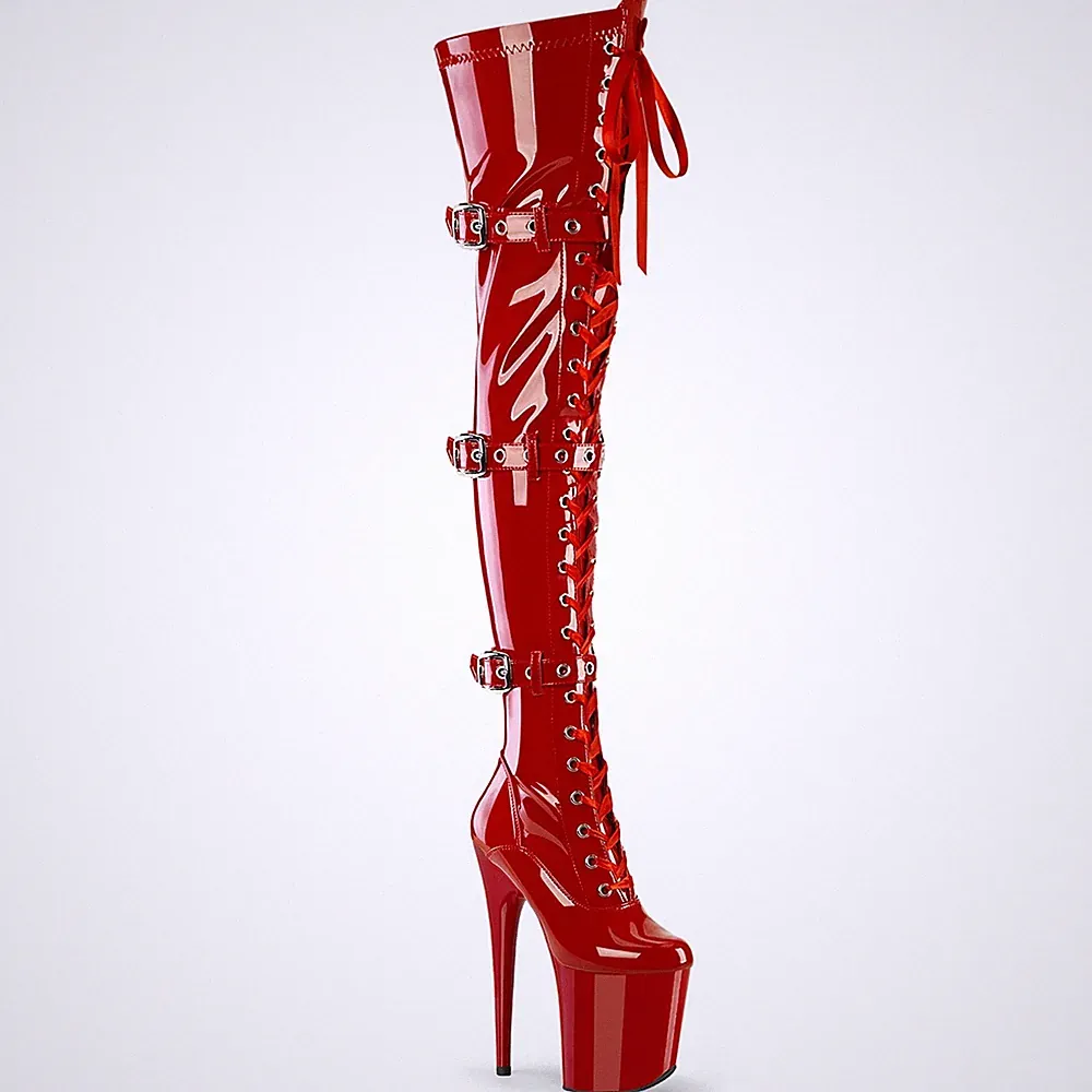 FLAMINGO-3028 Pleaser High-Heels Plateau Overkneestiefel rot Lack 3 Schnallen