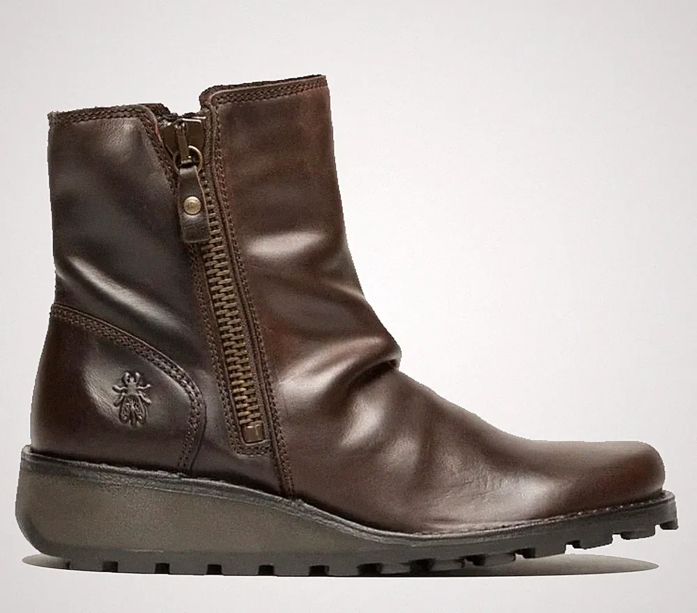 Fly London Damen Braune MON944 Stiefel Leder Keil Absatz Reißverschluss Chelsea