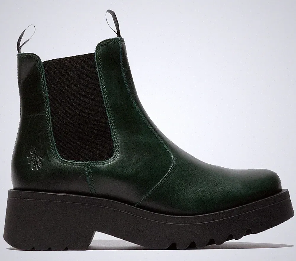 Fly London Damen Grün MEDI789 Stiefel Keilabsatz Chelsea Knöchel Leder Plateau