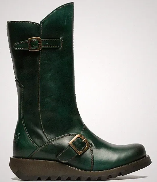 Fly London Damen Grün Mes 2 Stiefel Keilabsatz Schnalle Wadenhoch Leder Zip