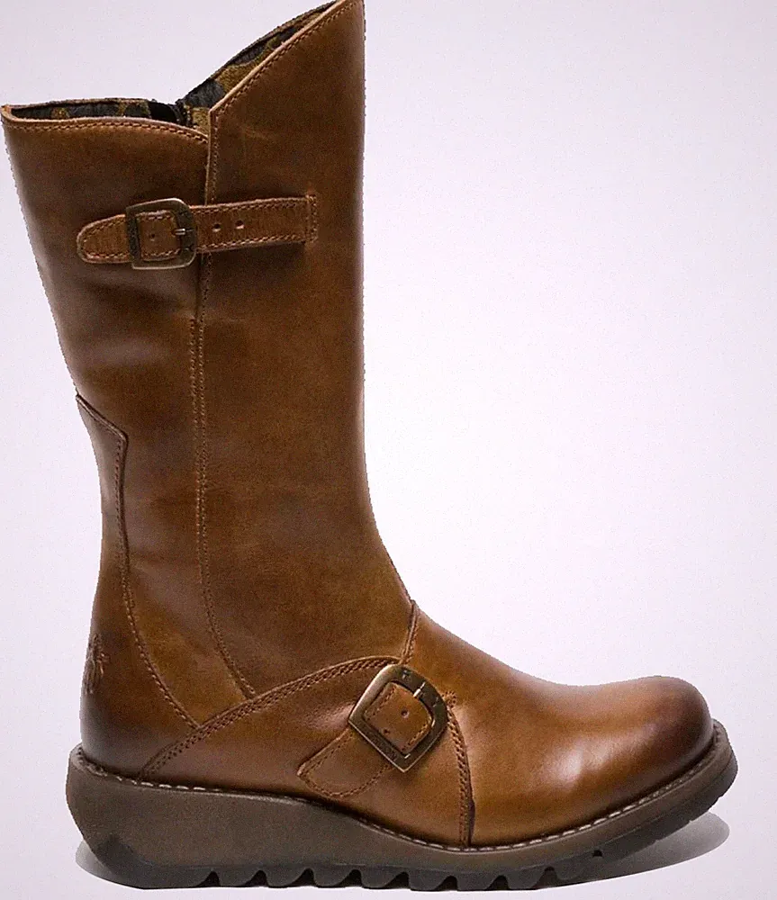 Fly London Damen Kamel Mes 2 Stiefel Keilabsatz Schnalle Wadenhoch Leder Zip