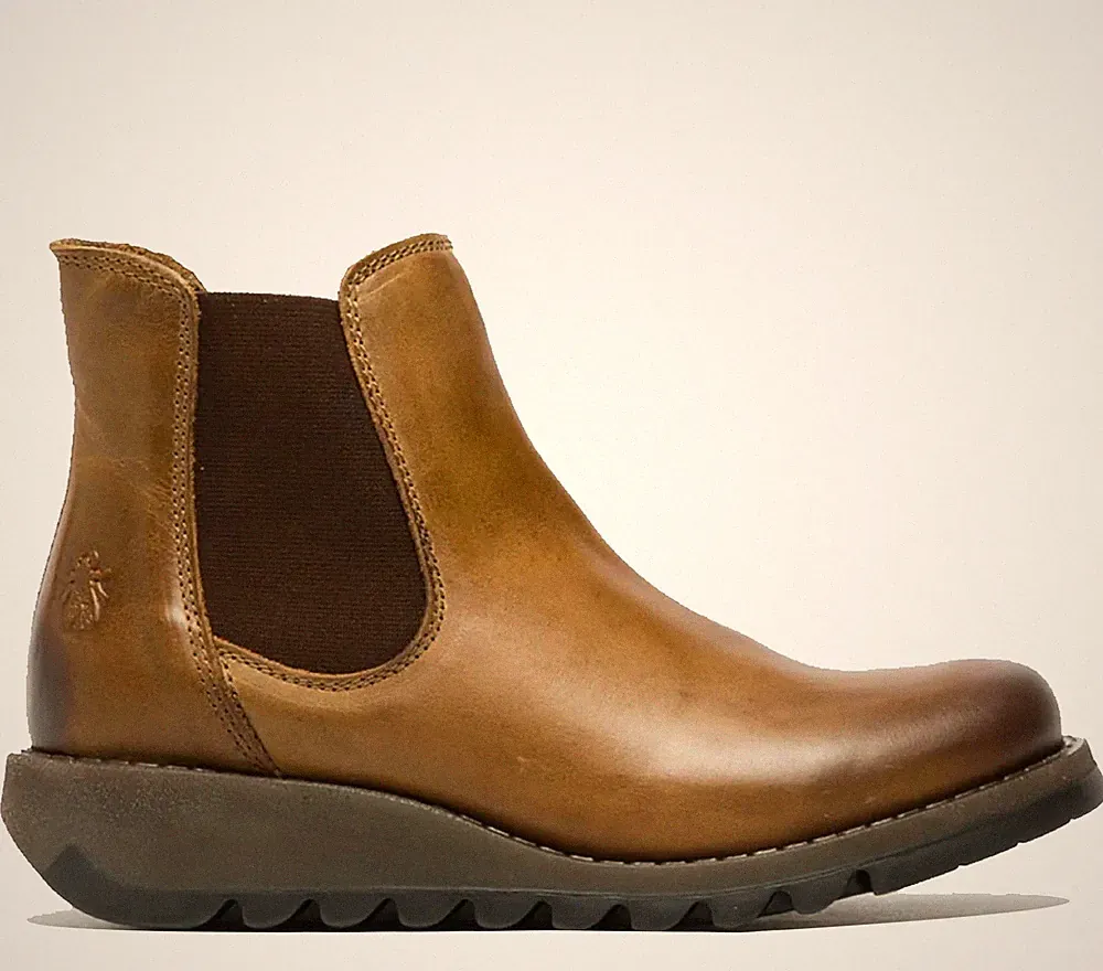 Fly London Damen Kamel Salv Stiefel Chelsea Leder Knöchel Freizeit Keil UK 3-8
