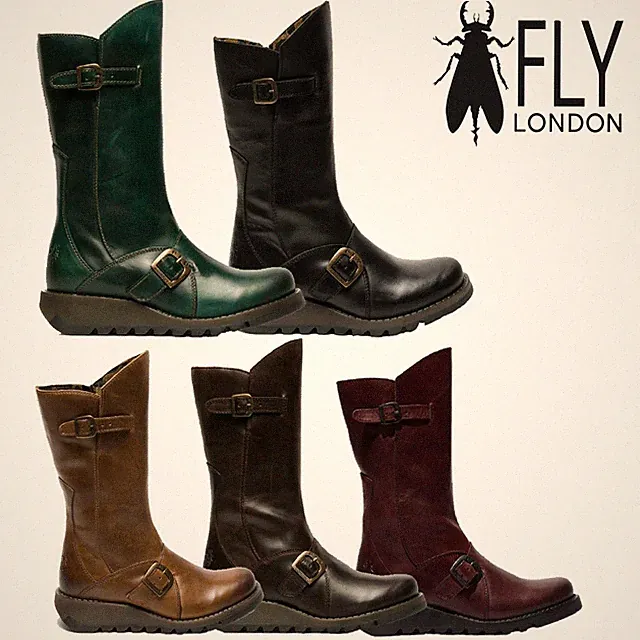 Fly London Damen MES 2 Stiefeletten Keilabsatz Schnallen Mid-Calf Leder Zipp