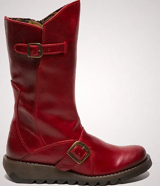 Fly London Damen Rot Mes 2 Stiefel Keilabsatz Schnalle Wadenhoch Leder Zip
