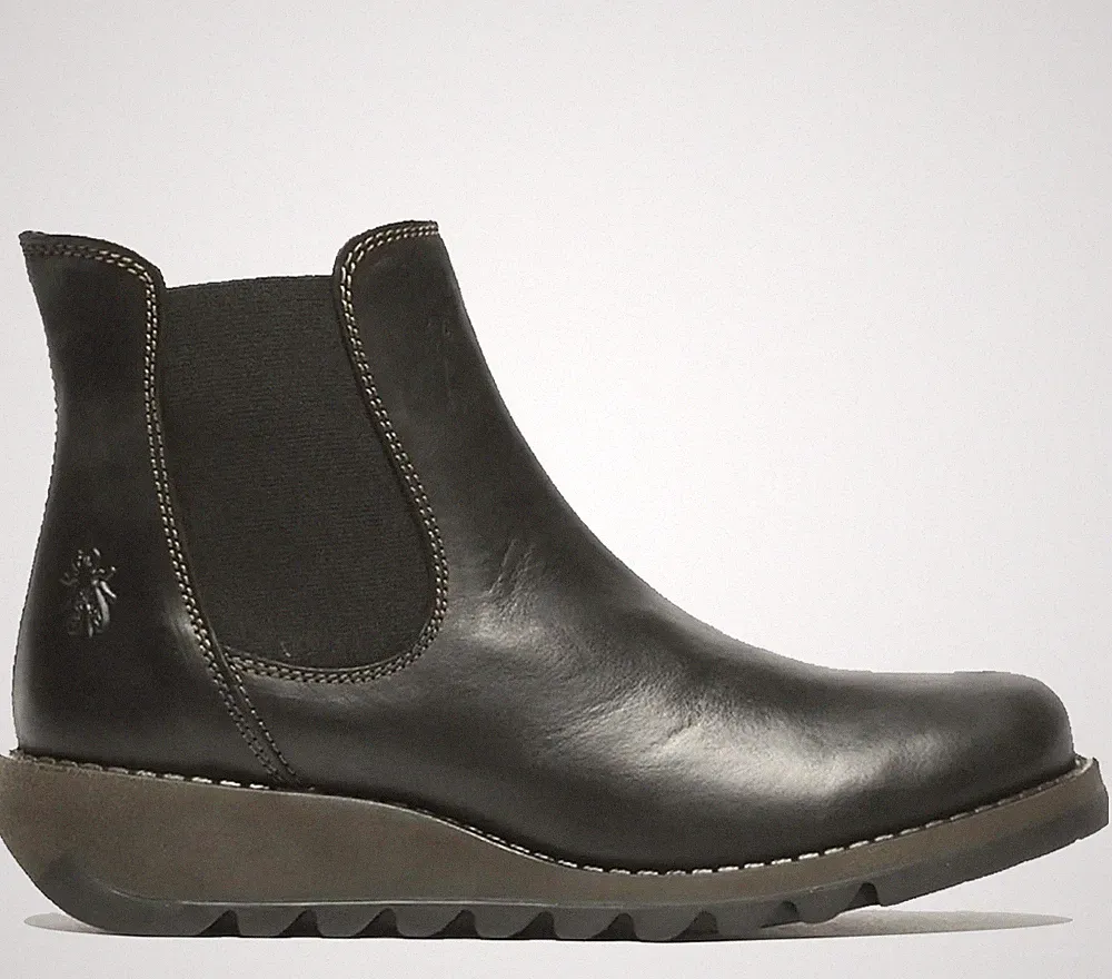 Fly London Damen SALV Chelsea Boots Schwarz Leder Knöchel Wedge