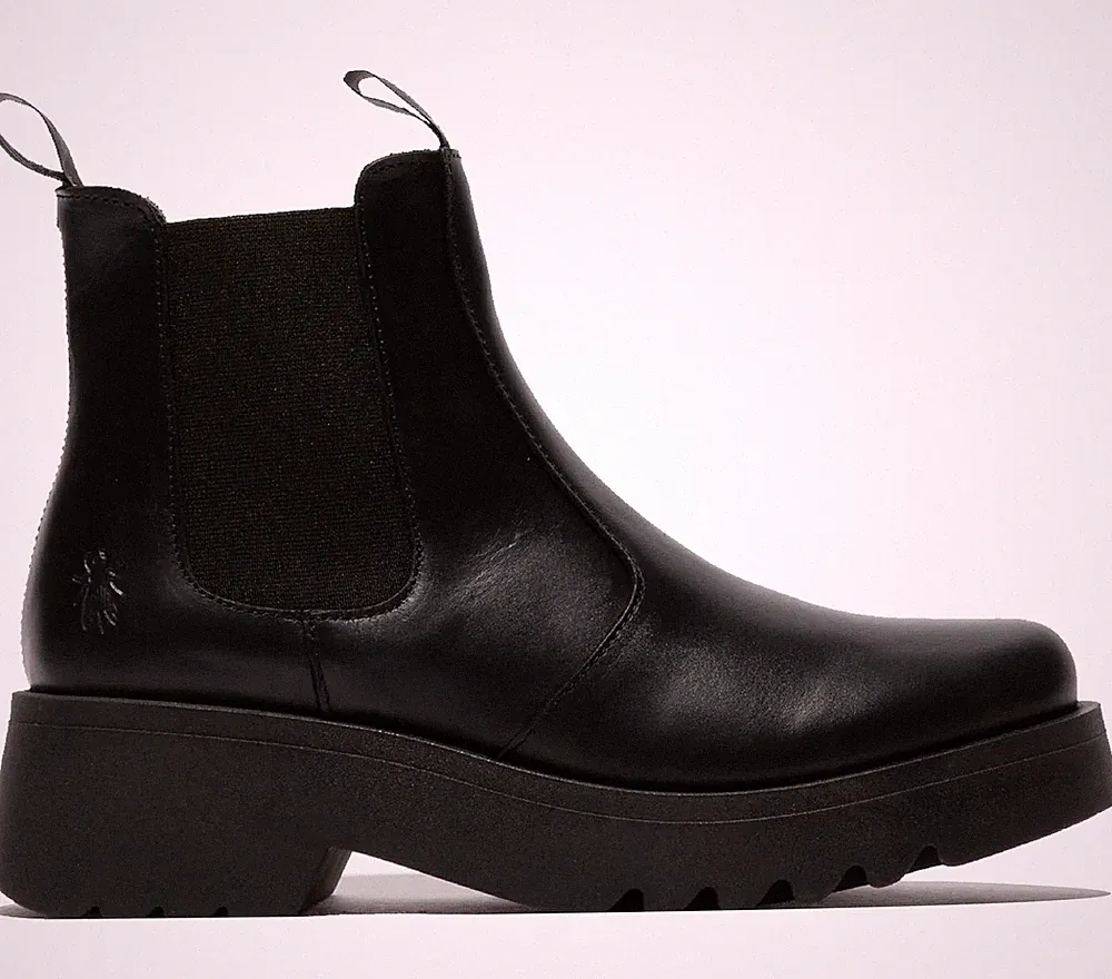 Fly London Damen Schwarz MEDI789 Keilabsatz Chelsea Knöchel Leder Plateau Boots