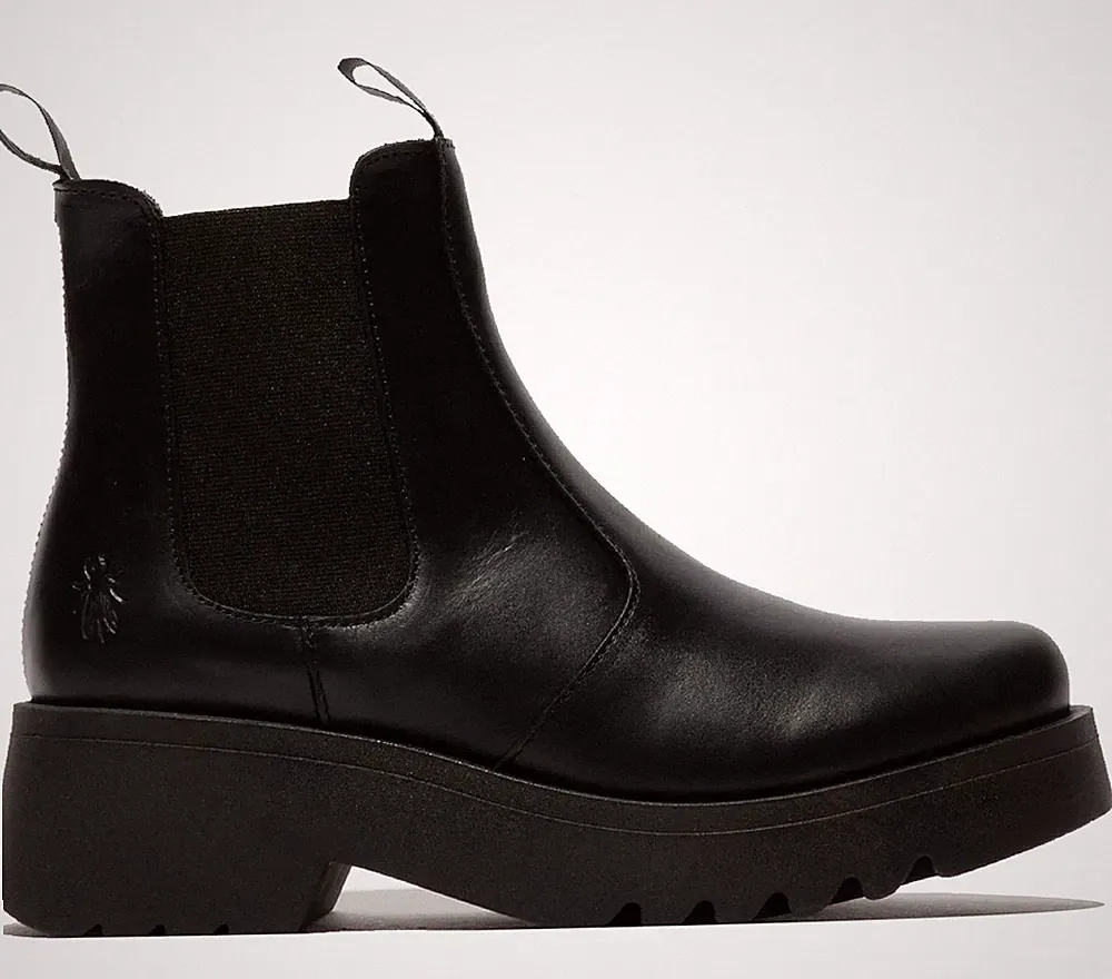 Fly London Damen Schwarze MEDI789 Chelsea Boots Keilabsatz Leder Ankle