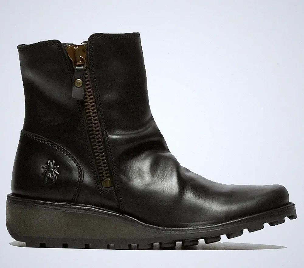 Fly London Damen Schwarze MON944 Leder Keilabsatz Ankle Zip Chelsea Boots