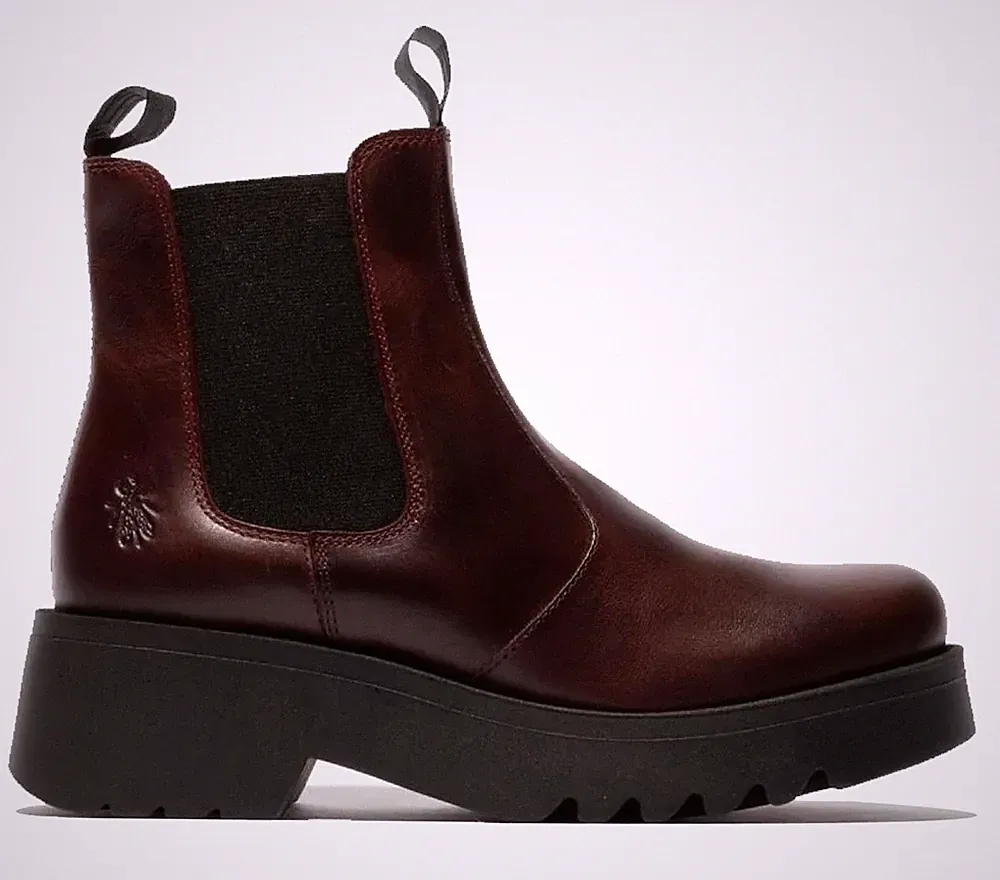 Fly London Damen Weinrot MEDI789 Boots Keilabsatz Chelsea Knöchel Leder Plateau