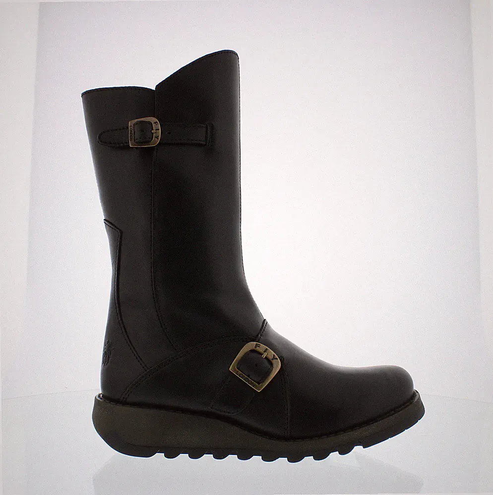 FLY London MES 2 Damen Schwarz Wadenlang Keilabsatz Reißverschluss Leder Stiefel