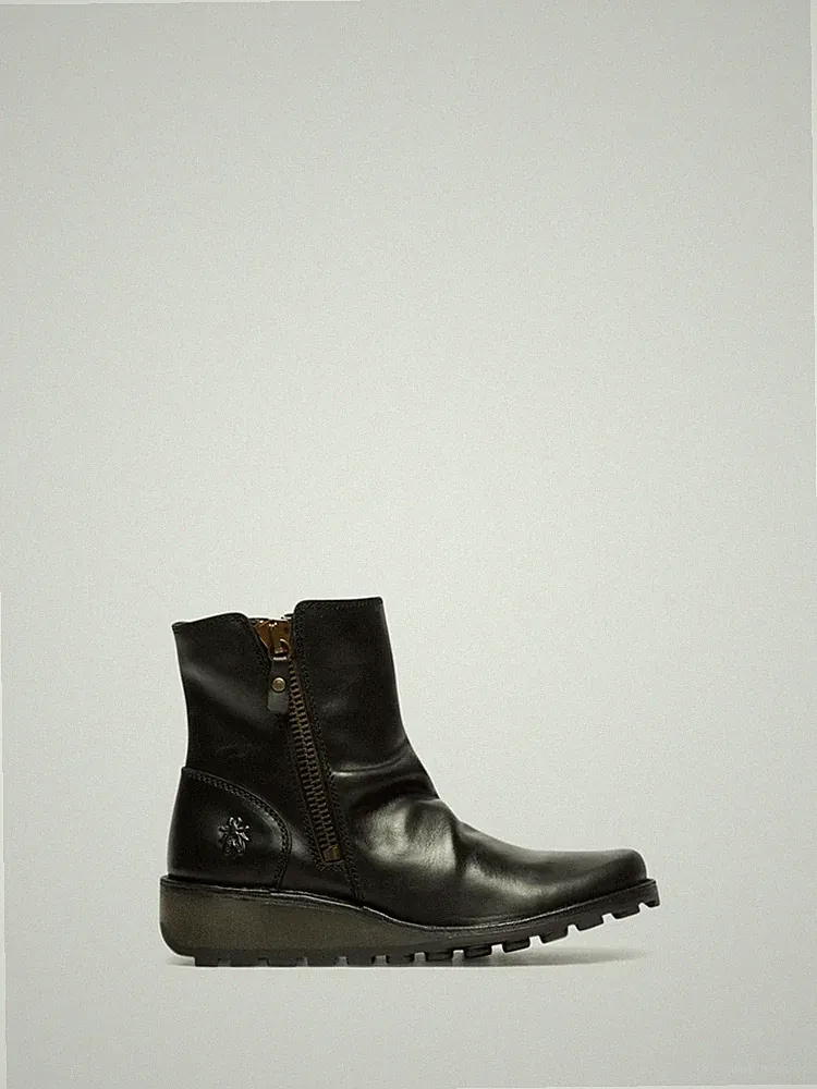 FLY London MON944FLY Damen Schwarz Leder Reißverschluss Ankle Keilabsatz Stiefel