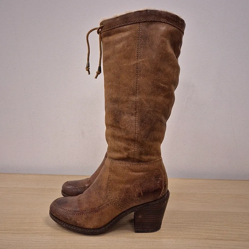 Frye Jane Camilla Lammfell braun Leder kniehoch hoher Absatz Stiefel UK 4 US 6