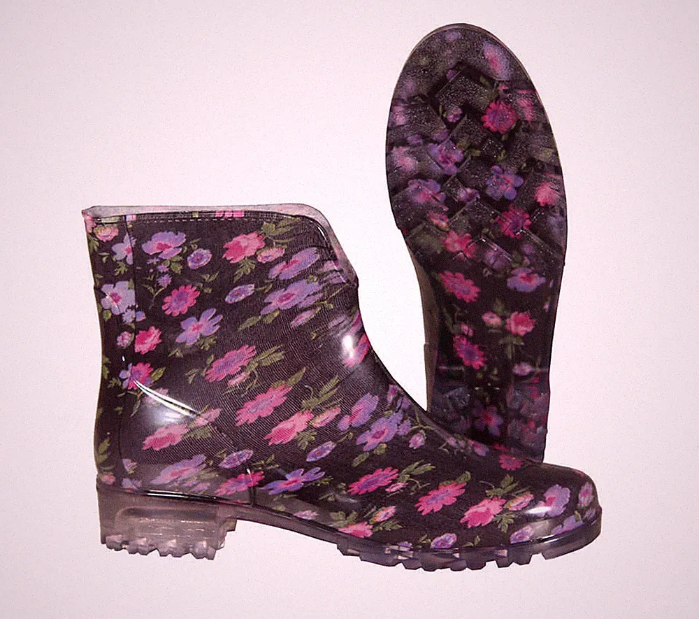 G&G Damen Gummistiefel, Stiefelette PAOLA schwarz/lila Blumen Größe 38, Größe 42