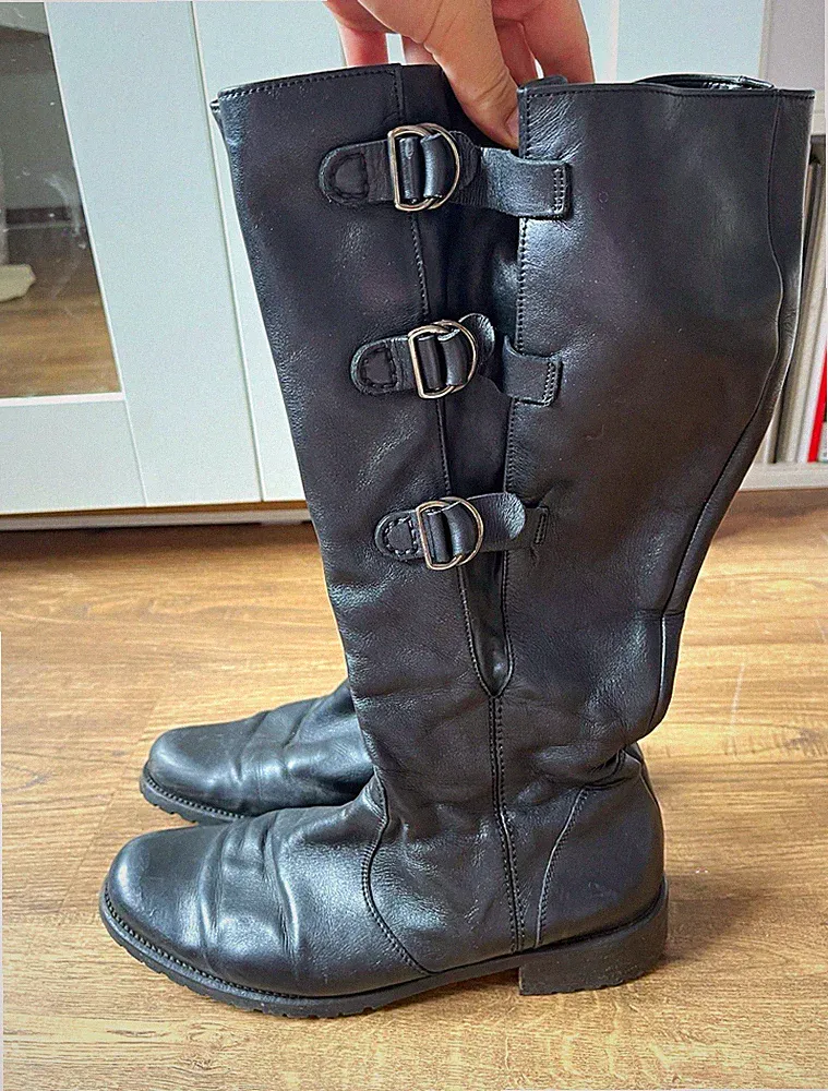 Gabor Damen Reitstiefel kniehoch Leder Schwarz Reißverschluss Schnallen EU 39