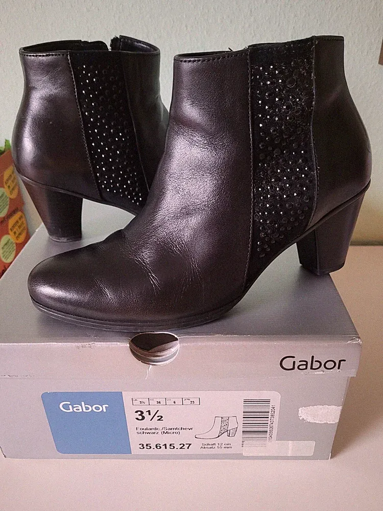 Gabor Damen Schuhe Halbstiefel Stiefeletten schwarz Leder Gr 3,5 36 1/2 Glitzer