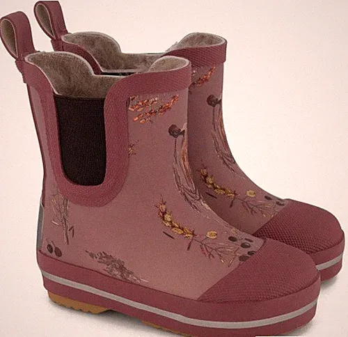 Gefütterte Kurzschaft Gummistiefel in Alt Rose Brown mit herbstlichem Muster von
