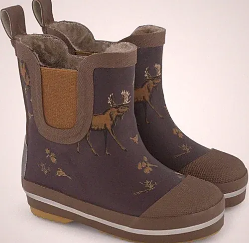 Gefütterte Kurzschaft Gummistiefel in Braun mit Elchen AOP von MIKKLINE 38061