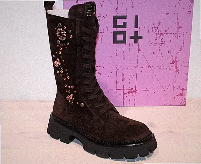 GIO+ Wildleder Schnür-Stiefel Biker Boots Zipper GRETA01 - Made in Italy - Neu!