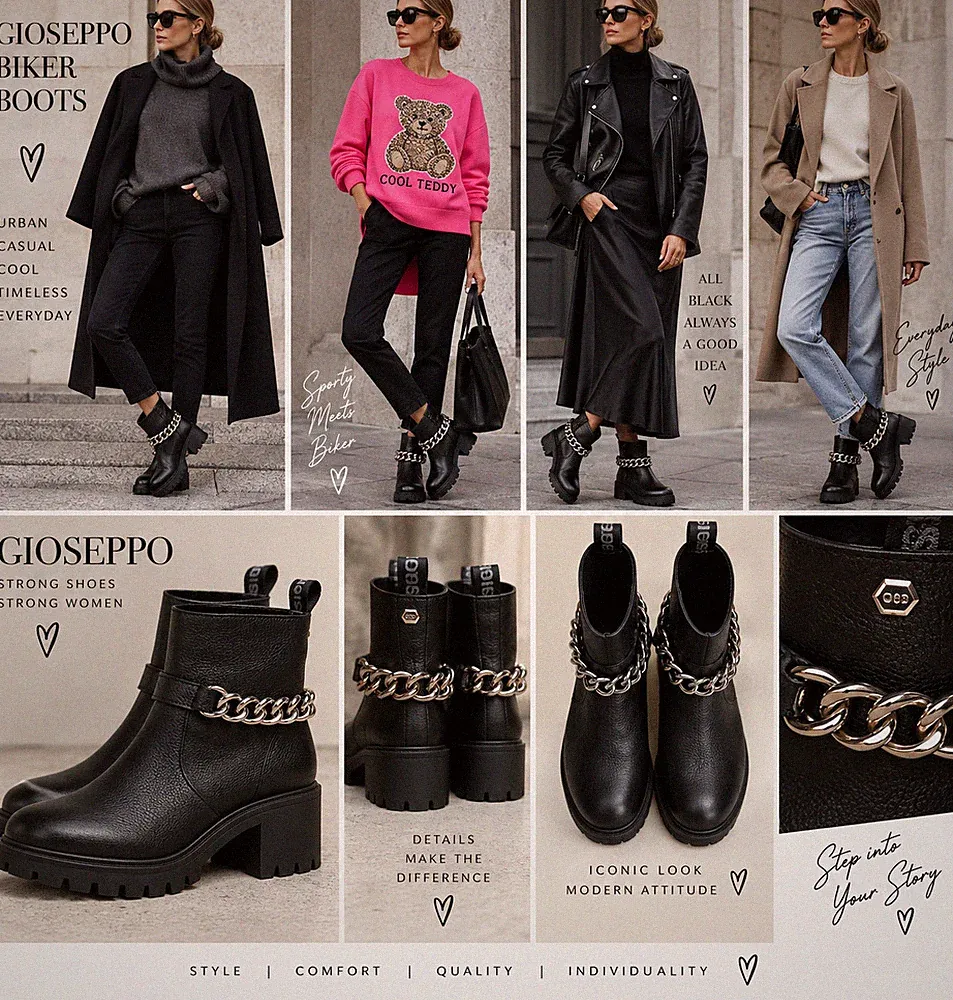 Gioseppo Biker Boots mit Kette –Leder Stiefel Schwarz, Größe 41 Grunge Festival