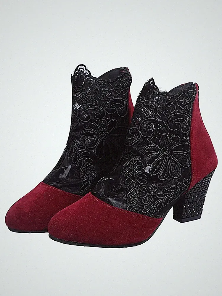 Gr. 38 Stiefeletten weinrot Kunst-Wildleder mit Spitzeneneinsatz festlich NEU
