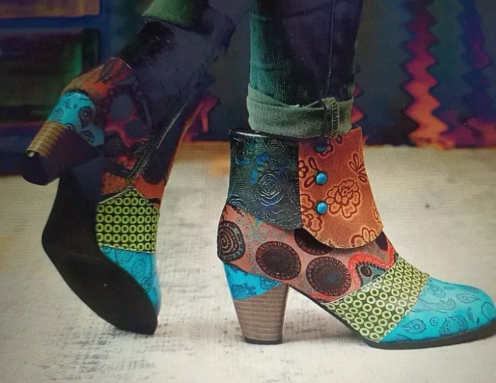 Gr. 40 Stiefelette Stiefel, Damen Bunt,Hippie Stiefel, Materialmix, Extravagant