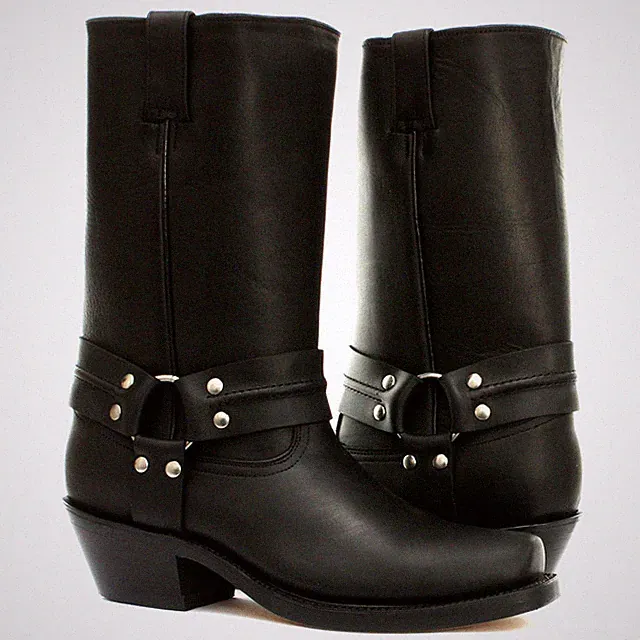 Grinders Harness High Schwarz Herren Damen Cowboy Western Hoch Biker Leder Stiefel