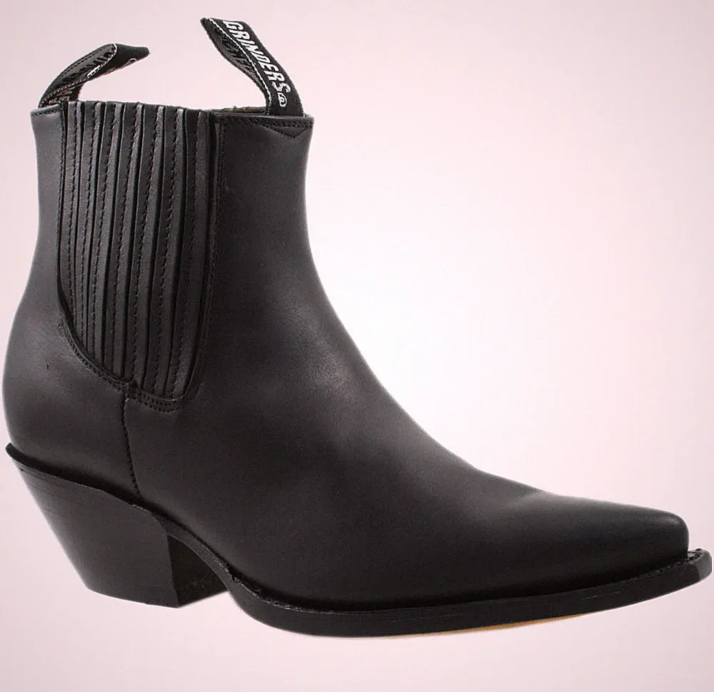 Grinders Mustang Schwarz Echtleder Cowboystiefel Slipper Kubanischer Absatz Chelsea Boots