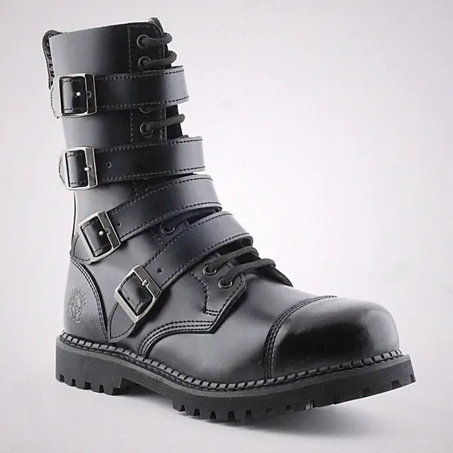 Grinders Quad CS schwarz 14 Ösen Quad Schnalle Unisex Stahlkappe Derby Stiefel