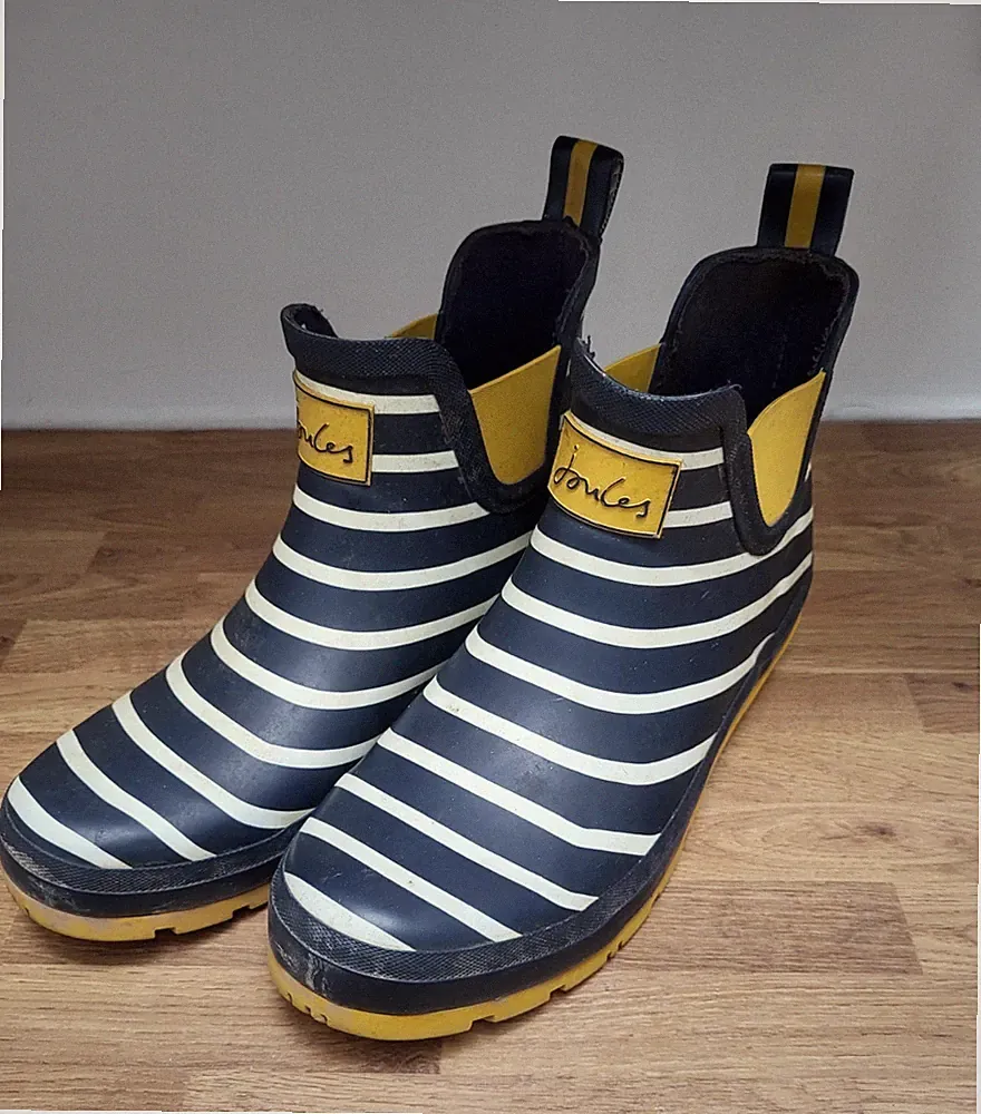 Größe 8 Joules Damen Wellibobs blau weiße Streifen + gelbe Knöchel Gummistiefel