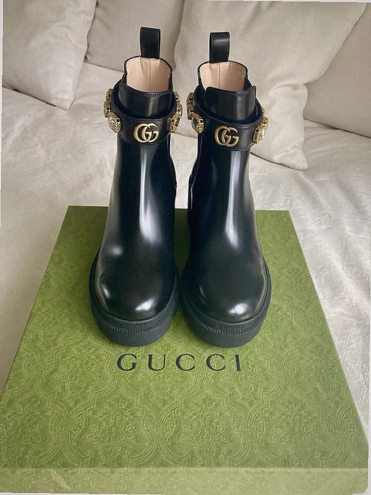 Gucci Damen Chelsea-Stiefeletten Leder schwarz GG Logo Strass Plateau EU 38,5