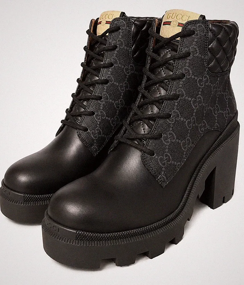 Gucci Damen Schwarz Stiefel Leder GG Monogramm Plateau Absatz Gr. 8,5UK/EU41,5