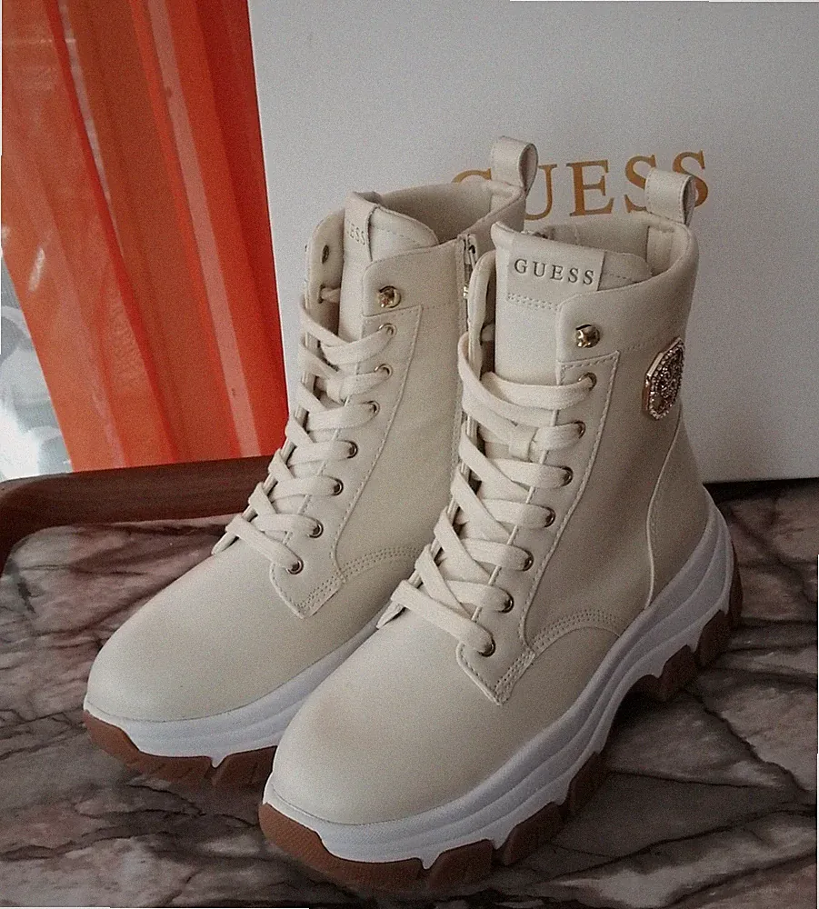 GUESS Damen Stiefeletten Boots Lederimitat creme Schnürung Zipper Gr 41 NEU OVP