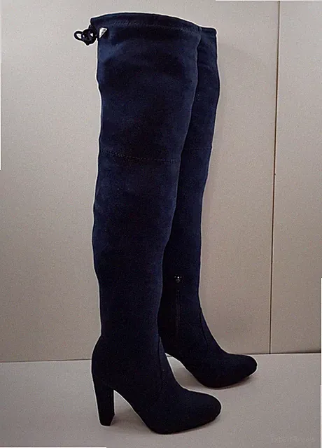 GUESS GRÖSSE 3,5 UK EUR36 DAMEN MARINEBLAU VELOURSLEDER HOHER ABSATZ OVERKNEES HOHE SOCKENSTIEFEL