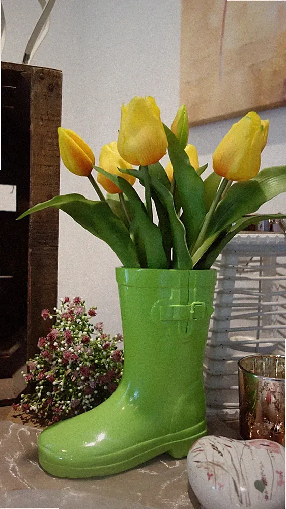 Gummistiefel aus Kunststoff Vase Dekoration Garten Terrasse Veranda Grün Pink
