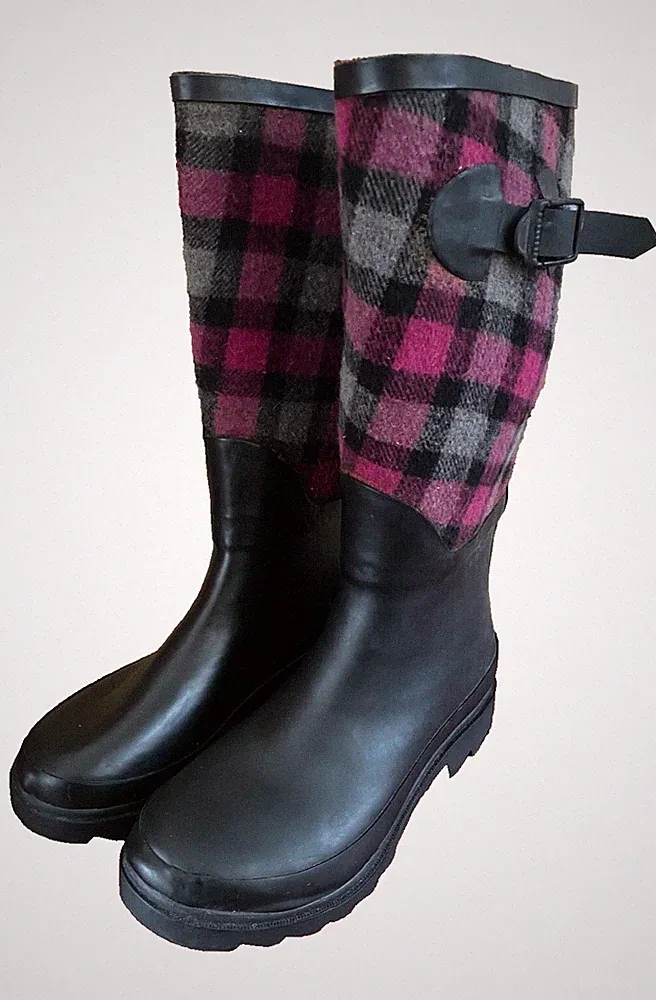 Gummistiefel Regenstiefel Wadenhoch Schwarz/Kariert Textilschaft Zierschnalle 36