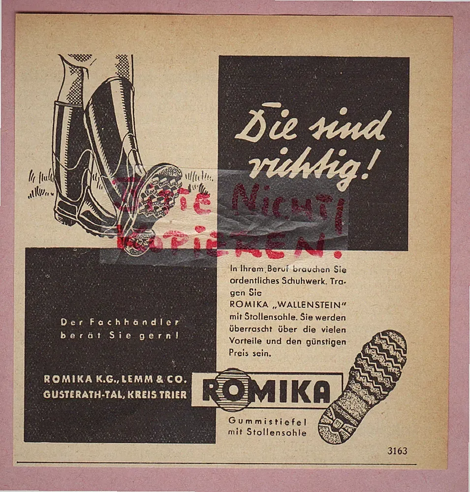 GUSTERATH-TAL, Werbung 1950, ROMIKA KG Lemm & Co. Gummi-Stiefel Stollen-Sohle