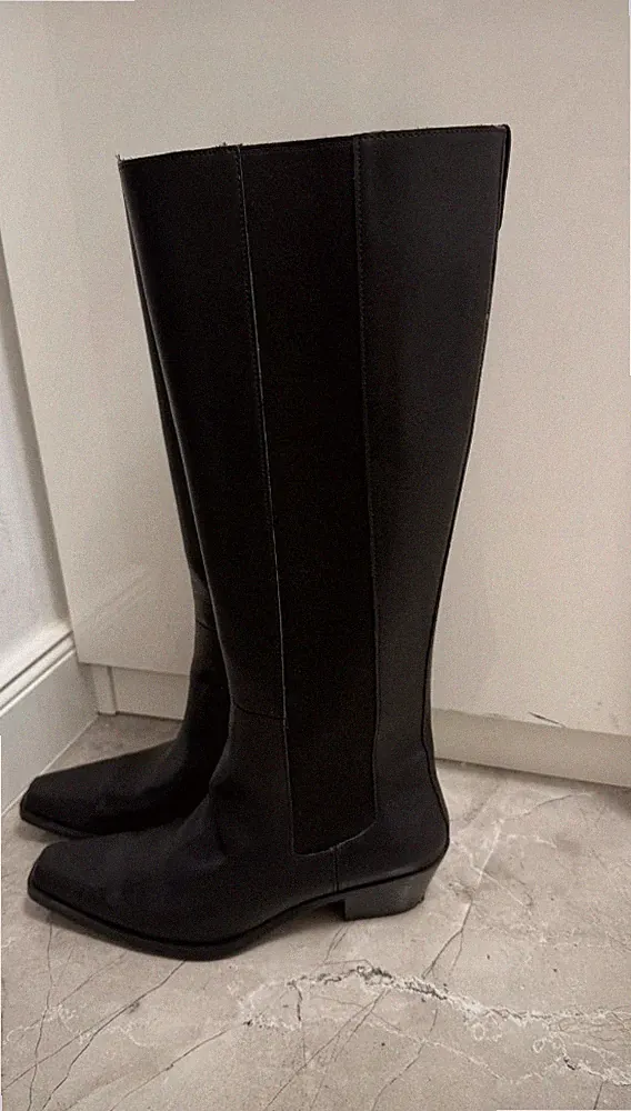 H&M Damen Reitstiefel kniehoch schwarz Blockabsatz Karree Elastikeinsatz Gr. 40