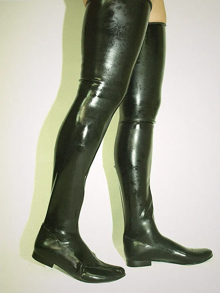 Handgefertigte gummi Stiefel Overknee schwarz flach size 40