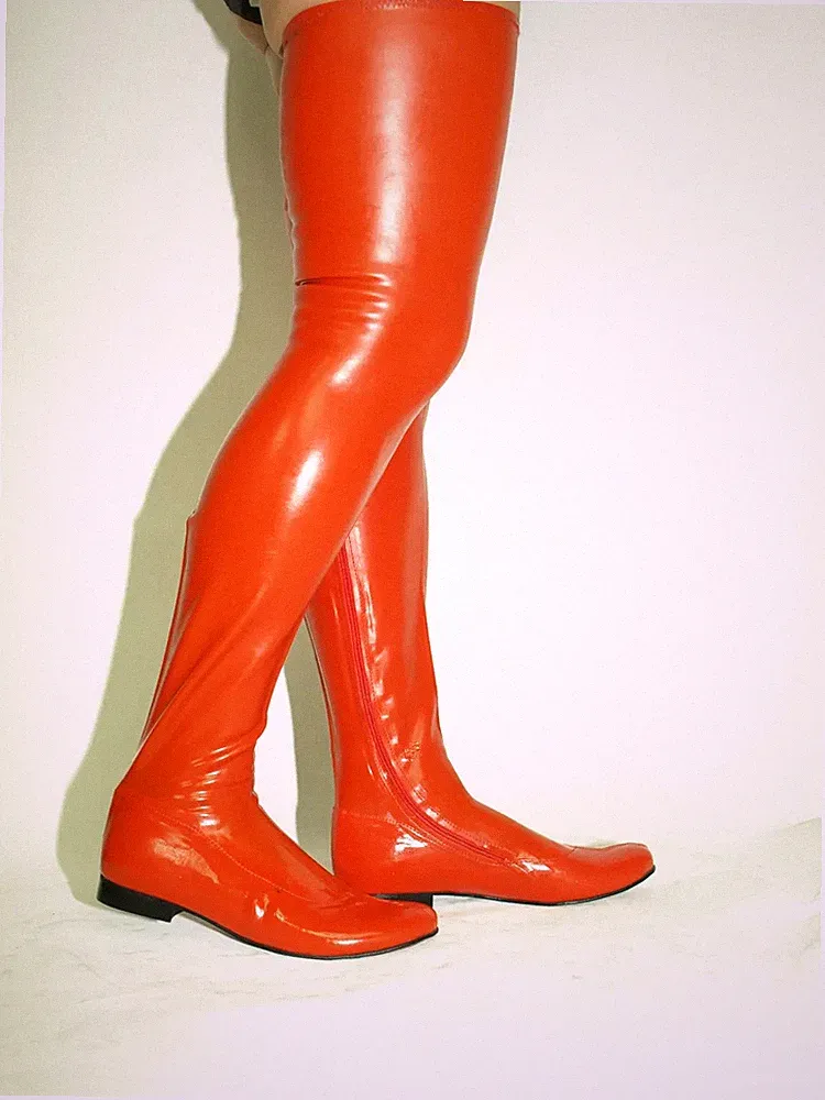 Handgefertigte LATEX gummi 0,8MM Stiefel Overknee rot flach Bolingier size 41
