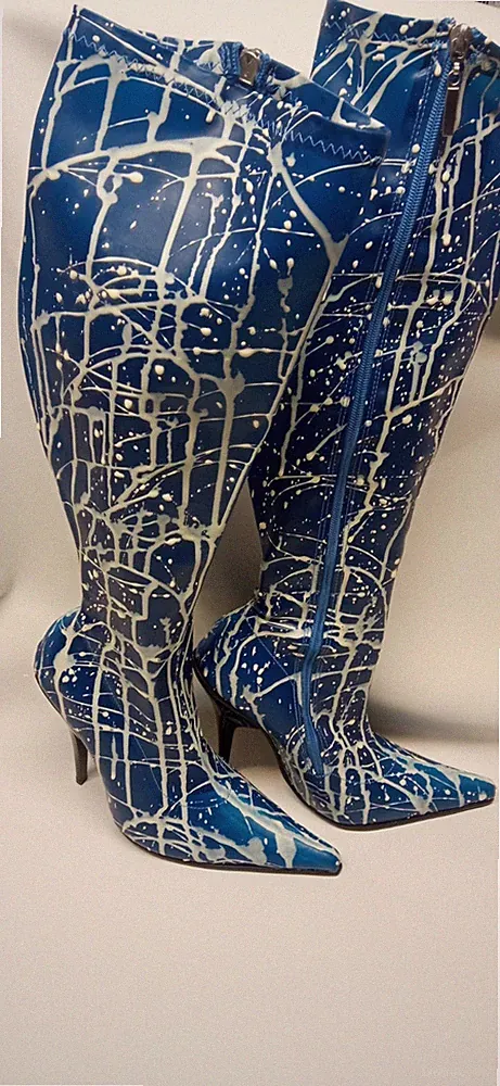 Handmade gummi Stiefel Kniehoch blau-weib Absatz 12cm - size 43