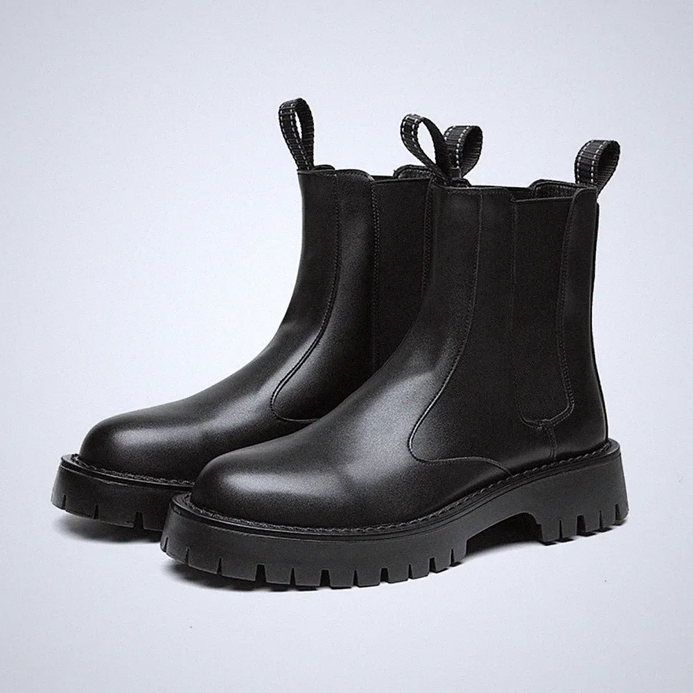 Herren Slip auf Plattform Chelsea Stiefel Retro Mid Top Riding Motorrad Stiefel